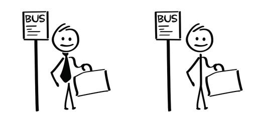 Stickman wait for the bus to go to school, work, party, friends or family. Funny Comic,  cartoon stick figures man waiting  for transport at bus stop. Passengers waiting, businessman with suitcase.