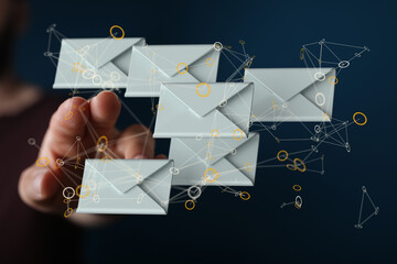 touching 3D rendering flying email icon with his fin