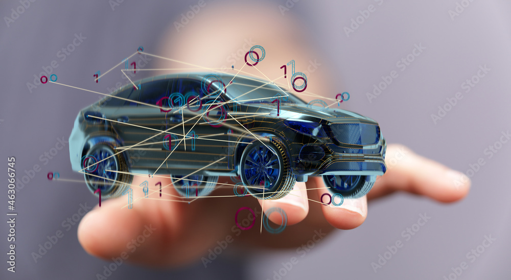Poster autonomous car with hud graphic of navigation system driving