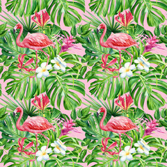 Pink flamingos, tropical birds. Tropical seamless pattern of monstera leaves and flowers, watercolor illustration. 