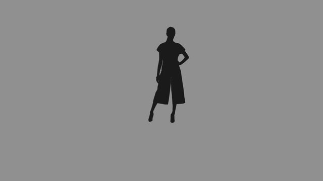Black and white silhouette glamorous elegant model walking on runway, Full HD footage with alpha transparency channel isolated on gray background