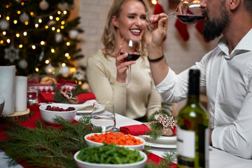 Couple spending good time at Christmas dinner
