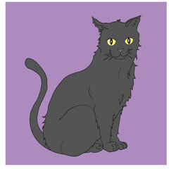 dibujo gato negro sentado sobre fondo violeta