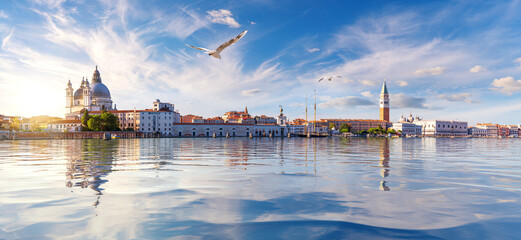 Fototapeta premium Famous Salute Church, San Marco and Doge's Palace at sunset, Venice, Italy