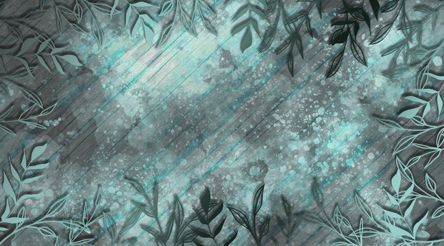 Hand drawn grass on old blue wood background with structure and light and shadow effects with space for your own design.

