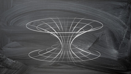Chalkboard with curved diagram of a black hole and white hole drawn on it, with copy space....