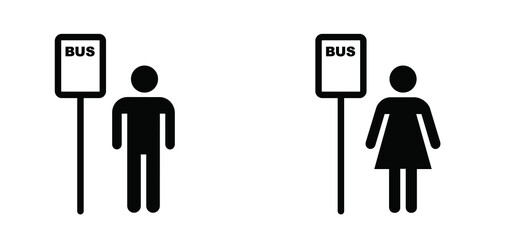 Stickman wait for the bus to go to school, work, party, friends or family. Funny Comic,  cartoon stick figures man waiting  for transport at bus stop. Passengers waiting.