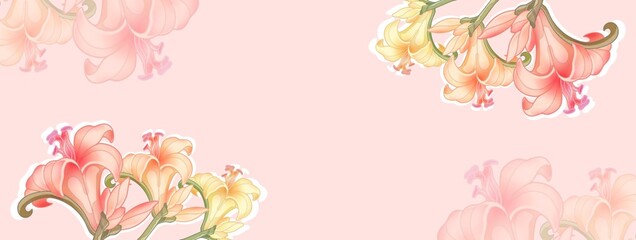 Naklejka na ściany i meble Ornamental composition of lilies - Banner with delicate decorative flowers for special occasions - digital illustration on pink background.