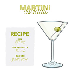 Hand Drawn Colorful Martini Summer Cocktail. Drink with Ingredients