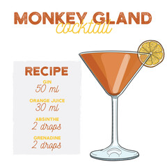 Hand Drawn Colorful Monkey Gland Summer Cocktail. Drink with Ingredients