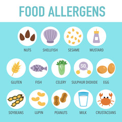 Food allergens set in flat design. Allergy products. Meal allergies.