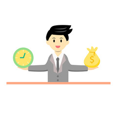 Businessman holding money bag and clock with his 2 hands. Time and money management concept. trying balance between time and money.