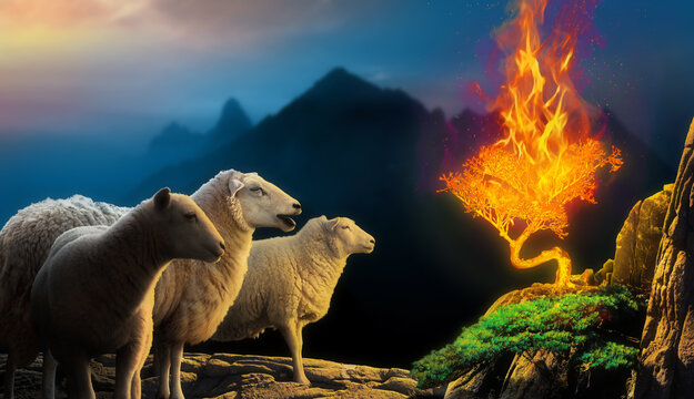 Sheep gather around burning bush on top of a mountain. Biblical story religious theme concept.