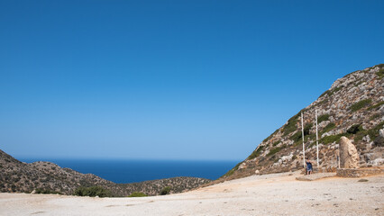 Scenic view on a rocky landscape and sea of Crete in summer next to Katholiko