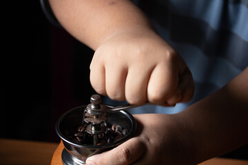 Hand spinning the coffee bean grinder grind enough coffee.