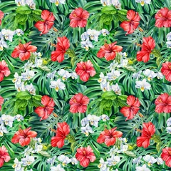 Fotobehang Tropical monstera leaves and orchid, hibiscus flowers, Exotic seamless pattern. Watercolor Hand painted illustration.  © Hanna
