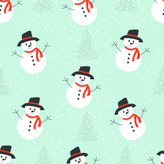 Christmas seamless background with a snowman and a Christmas tree. Traditional winter pattern vector illustration. Template for a New Year's card. Holiday design.