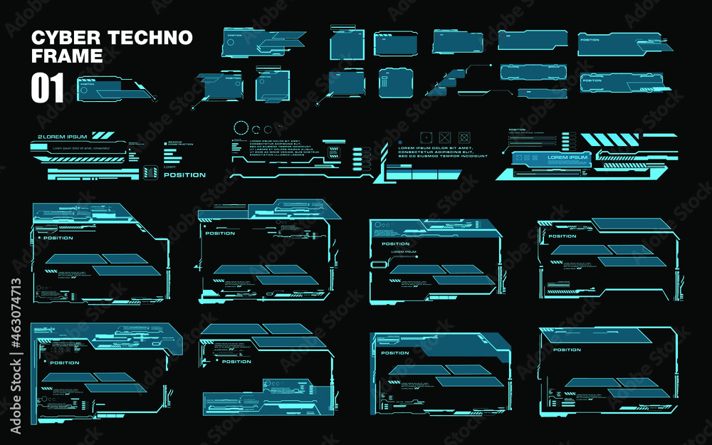 Poster Set of frames. High-tech interface. Cyber-style windows and frames for games. Game user interface HUD. Futuristic user interface HUD