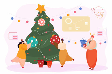 Celebrating New Year or Christmas at work with decorated Christmas tree, gifts