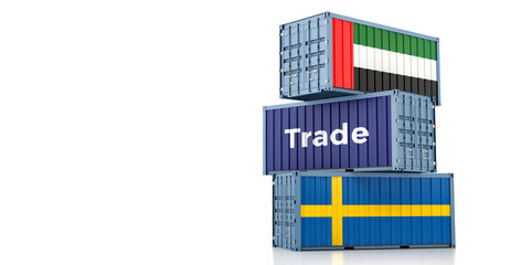 Shipping containers with United Arab Emirates and Sweden flag. 3D Rendering 