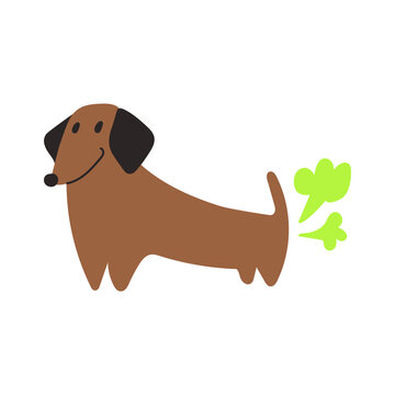 Illustration. Dachshund is farting. Vector hand drawn icon on white background