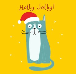Vector Card with Christmas cat, Merry Christmas illustrationsof cute cat with accessories like a knitted hat, sweater, scarf
