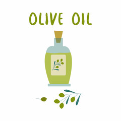 Olive oil bottle and olives on branch in flat design vector illustration isolated on white background. Olive oil icon.