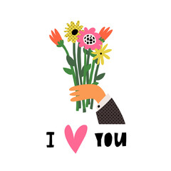 Cute pop art Valentine's Day card design. The hand holding a bunch of flowers and hand lettering I love you.