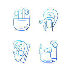 Compact in ear earphones gradient linear vector icons set. Small earpieces for listening music. Wireless and wired devices. Thin line contour symbols bundle. Isolated outline illustrations collection