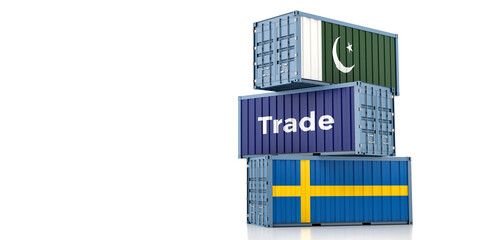 Shipping containers with Pakistan and Sweden flag. 3D Rendering 