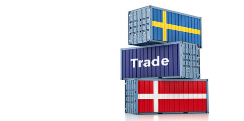 Shipping containers with Denmark and Sweden flag. 3D Rendering 