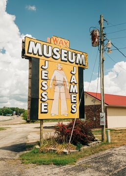 Jesse James Wax Museum sign, on Route 66 in Stanton, Missouri