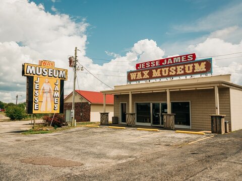 Jesse James Wax Museum sign, on Route 66 in Stanton, Missouri