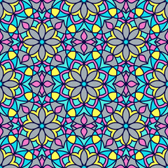 Abstract seamless backdrop. Design for prints, textile, decor, fabric. Round colorful texture in gray, blue, yellow and rose colors. Mandala flower background