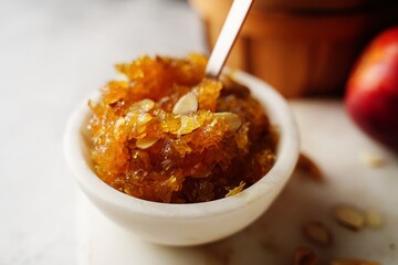 Homemade Apple Halwa or Halva - Diwali Navratri dessert, selective focus