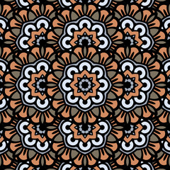 Abstract seamless backdrop. Design for prints, textile, decor, fabric. Round colorful texture in gray and orange colors. Mandala background