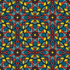 Abstract seamless backdrop. Design for prints, textile, decor, fabric. Round colorful texture in red, blue and yellow colors. Mandala background