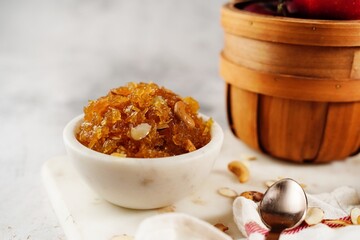 Homemade Apple Halwa or Halva - Diwali Navratri dessert, selective focus