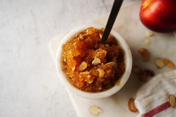 Homemade Apple Halwa or Halva - Diwali Navratri dessert, selective focus