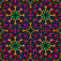 Abstract seamless flower backdrop. Design for prints, textile, decor, fabric. Round colorful texture in red, blue and turquoise colors. Mandala background