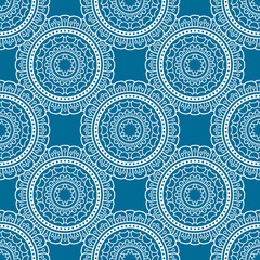 Abstract seamless mandala background. Texture in blue and white colors. Oriental pattern for design, fashion print, scrapbooking
