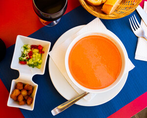 National Spanish tomato soup Gazpacho served with canape