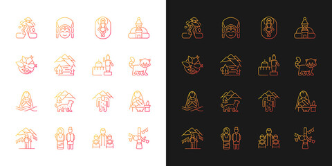 Nepal cultural heritage gradient icons set for dark and light mode. Religious festivals. Thin line contour symbols bundle. Isolated vector outline illustrations collection on black and white