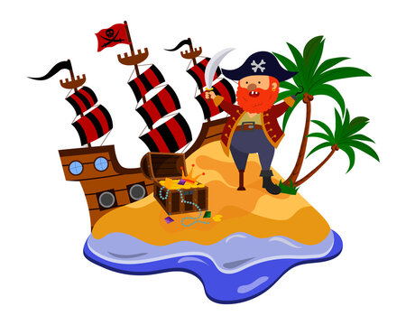 cartoon vector illustration of a pirate on an island found a treasure chest, isolated on a white background.