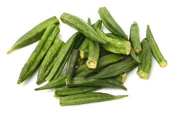Healthy okra chips isolated on white background 