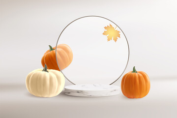 Realistic orange and white pumpkin with gold leaf near podium. Happy Tanksgiving sale background. Vector illustration for greeting card, invitation, post, wallpaper or flyer. Vector illustration