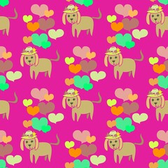 Obraz na płótnie Canvas Cute Puppy Dog Vector Repeat Pattern With Hearts on pink