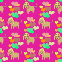 Cute Puppy Dog Vector Repeat Pattern With Hearts on pink