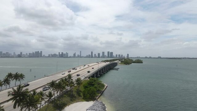 Miami USA, Aerial View of Traffic on Causeway Between South Beach and Downtown