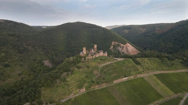 Aerial drone shot of Thurant Castle, Mosel River, Germany